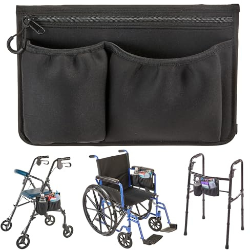 High Road Wheelchair Side Bag with Cup Holder Pocket - Stretch Neoprene Walker and Wheelchair Pouch with Insulating Wheelchair Bottle Holder and 2 Storage Pockets