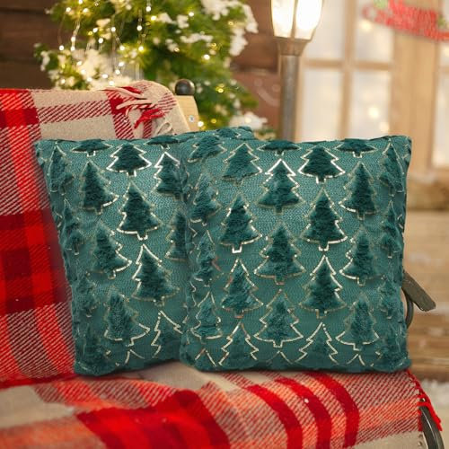 LAMEK 2 Stück Weihnachtsbaum Kissenbezug 45x45 cm Weihnachten Baum Kissenhülle Weihnachts Kissen ohne Spruch Christsbaum Dekorative Sofakissen Weihnachtsdeko für Schlafzimmer Wohnzimmer, Grün+Grün