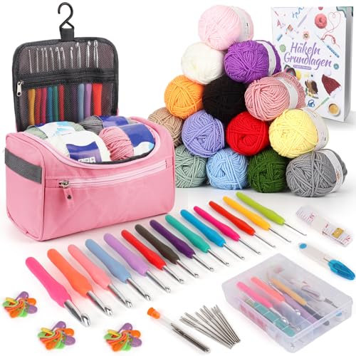 Coopay 73 Stück Häkelset für Anfänger, Tragbar Häkelnadel Set mit 15 Wolle, Tasche, Häkelzubehör, 2,0-10 mm Ergonomische Häkelnadeln mit Lang Weicher Griff, Praktische Häkelnadel Set, Rosa