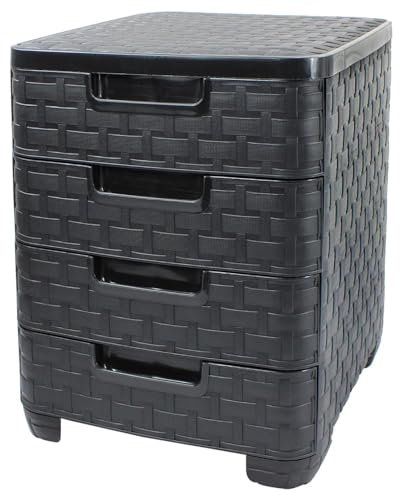 Daniel James Plastic Storage Drawers - Rattan Storage Tower Unit with 4 Drawers for Home & Office - Durable Storage Cabinet for Bedroom, Bathroom - H 43cm x W 33cm x D 38cm, Black