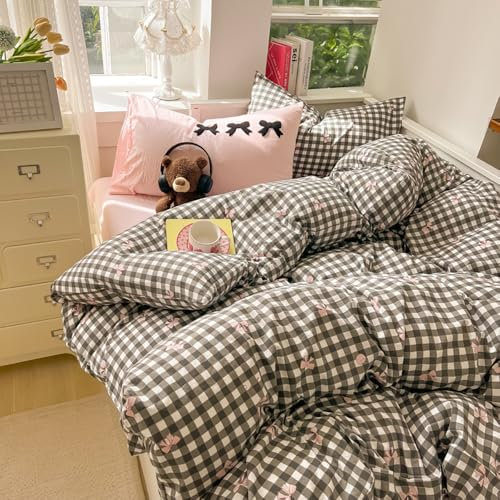 Covebett Bettwäsche 135x200 Kariert Schwarz mit Rosa Schleifen Mädchen Bettbezug 2teilig Aesthetic Schwarz Weiß Karo Weich Microfaser Einzelbett Deckenbezug mit Reißverschluss und Kissenbezug 80x80cm
