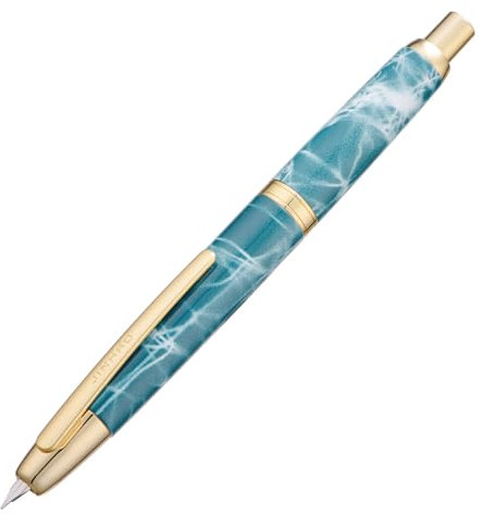Jinhao 10 Press Fountain Pen with Box, Marble Blue Retractable Fine Nib with Ink Converte Set (Golden Clip)
