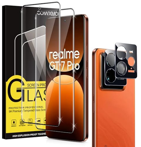 Coiwxmoi [2+2 Piezas Protector Pantalla para Realme GT 7 PRO 5G, 2 Cristal Templado + 2 Protector Camara, Dureza 9H, HD Clara, Anti Arañazos, Sin Burbujas,Ultra Resistente,6,78