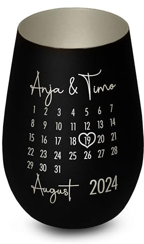 Windlicht aus Glas „Kalender“ personalisiert - Elegantes Geschenk mit Gravur - für sie & ihn - Jahrestag Verlobung Hochzeit Jubiläumsgeschenk - Schwarz-Silber