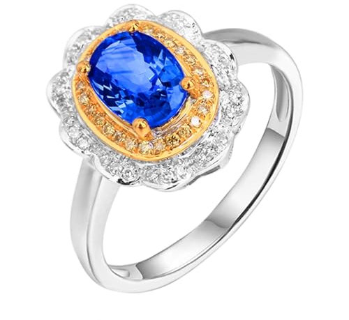 18 Karat Weißgold Verlobungsring Blau Saphir Oval, Verlobungsringe 4-Krallen-Blume mit Ovalem 1,34-Karat-Saphir und Diamant Ring Damen Größe 66 (21.0)