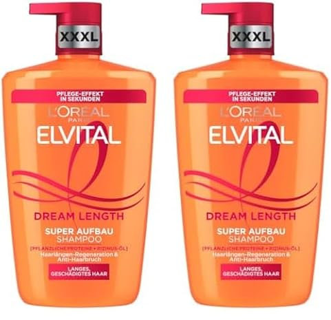 L'Oréal Paris Elvital Dream Length Super Aufbau Shampoo, für traumhaft langes Haar, mit Rizinus-Öl, Vitaminen & pflanzlichen Proteinen, 1 x 1000 ml (Packung mit 2)
