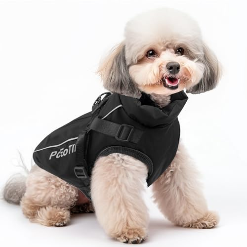 PcEoTllar wasserdichte Jacke mit Geschirr für kleine Hunde, Schwarz XXL | Warme reflektierende Jacke mit Geschirr für Winter. Ski-Kostüm, Baumwolle, Hundepullover für kleine Hunde