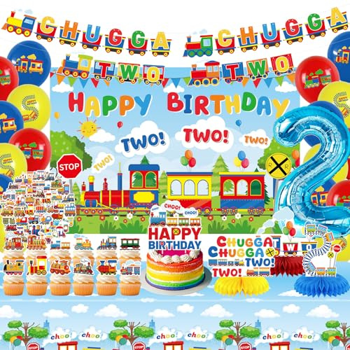 Chugga Chugga 2 Party-Dekorationen, Zug 2. Geburtstag, Partyzubehör, für 2 Jahre alte Jungen, Eisenbahn, Zug, Themen-Geburtstagszubehör