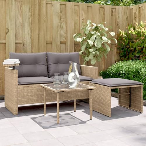 3er-Set Gartenmöbel, Outdoor Sitzgruppe mit Auflagen & Tisch, Balkonmöbel Balkonset Terrassenmöbel Garten Lounge Set, Beige Poly Rattan