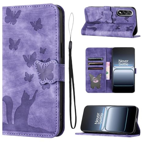 LSPCASA Handyhülle für OnePlus Nord 5 6.83 Zoll PU Premium Leder für OnePlus Nord 5 hülle Schmetterlingskatze Schutzhülle mit Kartenfächer Klappbar Flip Case Standfunktion Lila