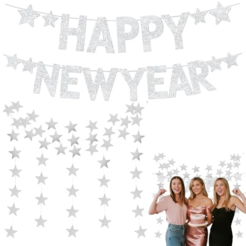 FMPXYYA 2 Stück Happy New Year Girlande Silber, Glitzer Silvester Deko 2026, Banner und Stern Girlande für perfekte Neujahrsparty, glänzende Feierdekoration
