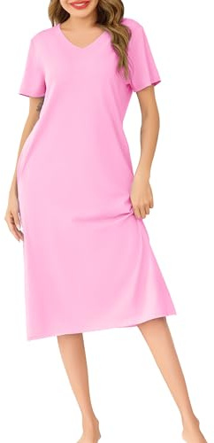 Wikoan Chemise de Nuit Femme en Coton Chemise de Nuit Longue Robe de Nuit à Manches Courtes Col en V Vêtements de Nuit Ete avec Poches S-XXL