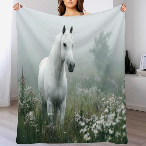 Wildblumen des Weißen Pferdes Flanell Kuscheldecke für Kinder, Grün Weiche Sofadecke, Tagesdecke, Couchdecke mit 200 x 200cm Motiven, Flauschig, Warm, Plüsch, Room Decor