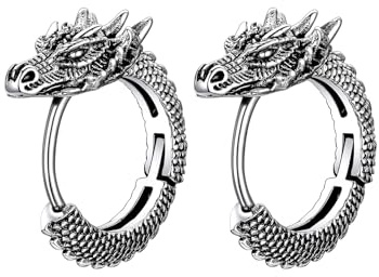 ChainsHouse Herren Ohrringe Edelstahl Creolen Drachen Ohrstecker Wasserfest | Creolen Damen Hoop Huggie mit Nieten, Männer Kreolen Silber/Gold/Schwarz, Punk Ohrpiercing Schmuck für Geburtstag Jahrestag