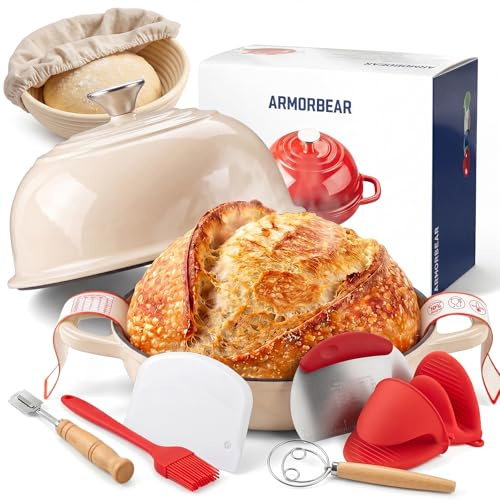 Armorbear 4.7L Enameled Cast Iron Sourdough Bread Oven & Starter Kit, White | Tight-fitting Dome Lid Helps Retain Steam, Baking Kit Supports Proofing, Scoring & Dough Transfer, Complete Artisan Bread Set