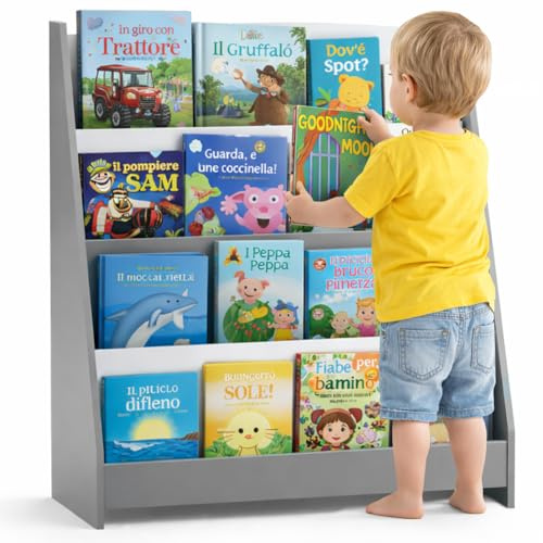 BAKAJI Libreria Montessoriana per Bambini in Legno, Portariviste Multiripiano Salvaspazio per Cameretta, Scaffalatura Organizer Espositore Porta Libri, Riviste, Giochi (Grigio)