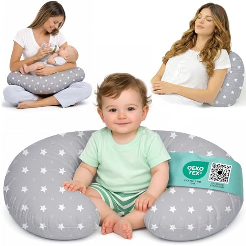 Flowen Stillkissen Klein für Neugeborene Kleines Stillkissen mit Bezug aus 100% Baumwolle und Weicher Füllung Stillhörnchen Baby Ergonomische Rückenstütze Geschenkidee für Junge Mütter und Schwangere