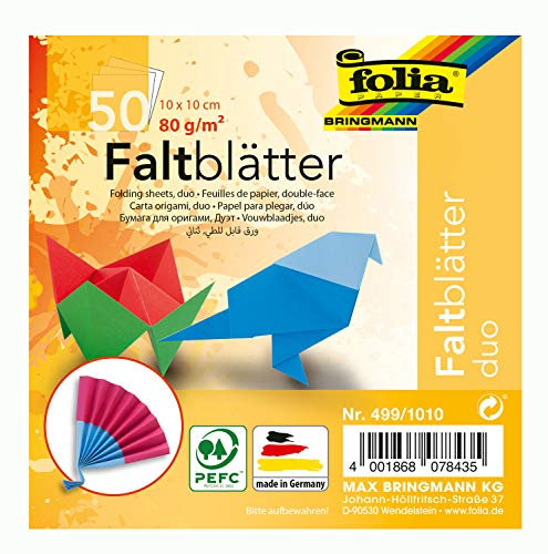 folia 499/1010 - Faltblätter Duocolor, 10 x 10 cm, 80 g/qm, 50 Blatt sortiert in 10 farblich aufeinander abgestimmten Vorder- und Rückseiten - ideal für wunderschöne Faltfiguren und -formen