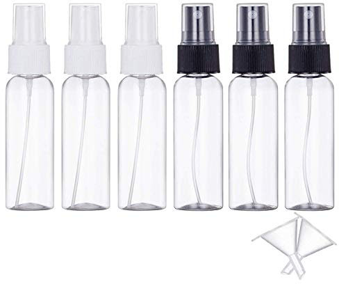 JamHooDirect 6Pcs, 30ml Spray Bottle Empty Plastic Fine Mist Travel Atomiser Set with 2 Funnels - Clear Refillable & Reusable Mini Travel Bottles Toiletries Liquid Containers for Cosmetic Make-up