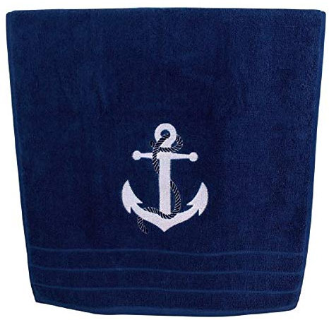 linoows Handtuch, Duschtuch, Maritimes Frottee Badetuch, Blau mit weißem Anker 600 g/m²