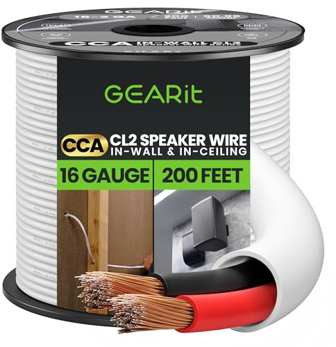 GearIT In-Wall Speaker Wire OFC 2x1.5mm≤ (60.96 Meters - White) Oxygen-Free Copper - Hi-Fi Audio for CL2 Rated / 2-Conductors - 16 Gauge AWG, 200 Feet