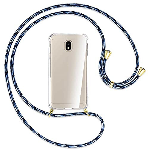 mtb more energy®️ Handykette kompatibel mit Samsung Galaxy J3 2017 (SM-J330, 5.0'') - blau gestreift/Gold - Smartphone Hülle zum Umhängen - Anti Shock Full TPU Case
