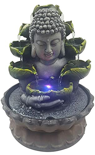 Fuente de interior, decoración de Buda, resina de interior, adornos de cascada de agua con lámpara LED de 4 colores