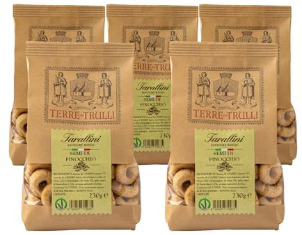 Terre Dei Trulli Tarallini Ai Semi Di Finocchio 5 Confezioni Da 230g | Taralli Pugliesi Per Una Merenda Veloce E Gustosa, Snack Salati Per Un Aperitivo Snack Genuino, Tarallini Artigianali