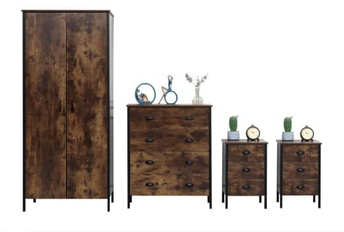 Kingwudo® Retro Industrial Style Bedroom Furniture 4 Pieces Set 2 Doors Wardrobe + 4 Drawers Chest + 3 Drawers Bedside Table × 2 set for Bedroom Storage