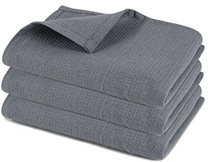 Pagnanno Set of 3 Tea Towels and Waffle Weave Hotel Quality Professional Cotton Tea Towels 45 x 70 cm | Absorbent - Quick Dry - Kitchen & Bar Tea Towels (45 x 70 cm), Waffle - Grey