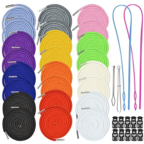 24 Stück 12 Farben Kordelzug Ersatz Kordelzug Kleidung Kordelzug Hoodies Kordelzug mit 4 Stück Kordelzug Einfädler und 10 Stück Kunststoffkordelstopper (129,5 cm lang)