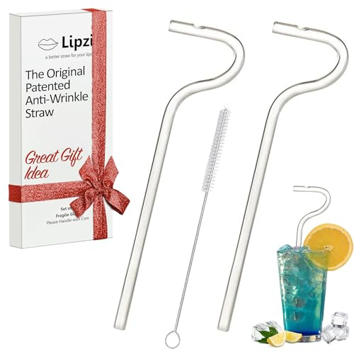 Lipzi - Pajita antiarrugas - Pajitas de vidrio antiarrugas, pajitas reutilizables transparentes con cepillo de limpieza - Alternativa ecológica al plástico - Cepillo de limpieza incluido - Paquete de