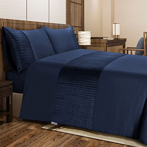 Bronwen Mathews King Size Duvet Cover Set - Soft Microfibre Quilted Square Velvet Band Quilt Cover and 2 Pillowcases, Easy Care Wrinkle Free King Bedding Set of 3 Pcs (Navy)