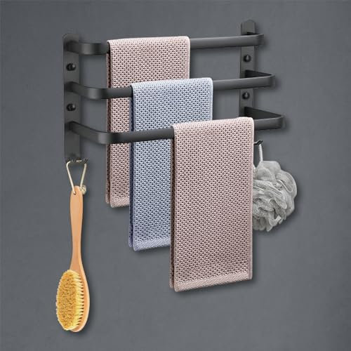 Porte-Serviettes Mural HONPHIER Porte Serviette Salle de Bain étagère Serviette avec Crochets Porte-Serviettes Aluminium étagère Serviette pour Cuisine, Salle de Bains, Hôtel (Noir, 40CM)