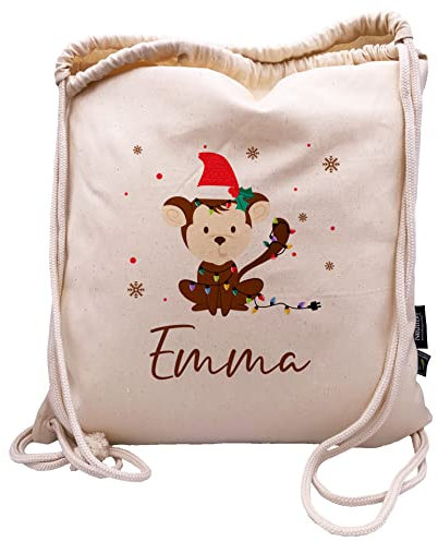 Manilu verschenkich | Weihnachten Affe | Turnbeutel aus Bio-Baumwolle | personalisiert | Rucksack | Sportbeutel | Wäschebeutel | Kinder | Geschenk