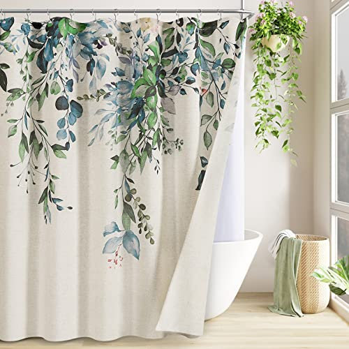 BOODII Frühlingsblumen-Leinen-Duschvorhang mit Futter, grüner Eukalyptus-Duschvorhang-Set, jägergrün, Bauernhaus-Duschvorhang, Natur, Rasenblätter, Badezimmer-Dekor, strukturiert, 183x183 cm