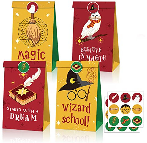 PIUMOJ Harry Borsa Regalo, Potter Sacchetti per Dolci, 24 Pezzi Sacchetti Regalo Compleanno con 36 Adesivi, Wizard Sacchetto Regalo Halloween, Party Favor Bags per la Festa dei Bambini Stregoni