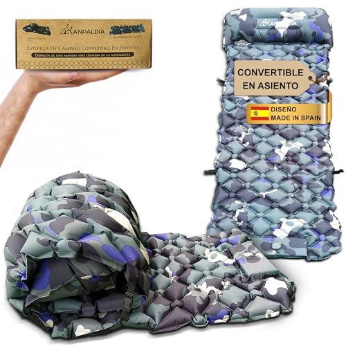 Esterilla Camping Convertible en Asiento / Colchoneta Camping Autoinflable con el Pie / Colchon Hinchable Camping con Almohada / Colchoneta Autoinflable para Dormir / Esterilla Hinchable (CAMUFLAJE)