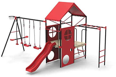 4IQ Kinder Klettergerüst Outdoor - Spielturm mit Rutsche und Schaukel - Spielplatz für Garten - Kletterturm Outdoor - Spielhaus mit Rutsche - Kinderspielplatz Outdoor Garten - Satz enthält Bodenanker