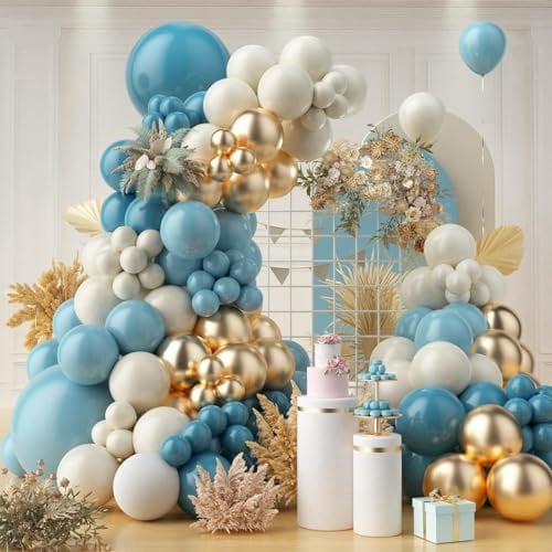 Luftballon Girlande Blau, 125 Stück Ballons Girlande Pastell Blau Beige Sand Weiß, Gold Konfetti Luftballons für Baby Dusche Hochzeit Geburtstag Party Dekorationen Junge Männer