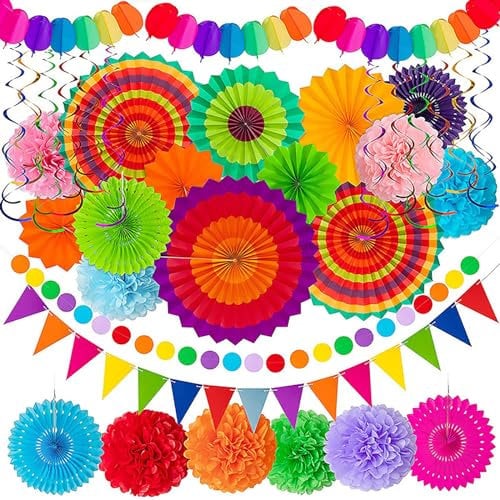 Lenfuos 33pcs Colorful Mexican Themed Decoration Set - Paper Fans, Pom Poms, Streamers, Bunting, Confetti Garlands for Birthday, Wedding, Fiesta Parties