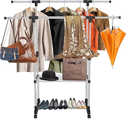 Ejoyous Kleiderständer mit Rollen, Garderobenständer mit 2 Höhenverstellbaren Kleiderstangen Stabil Kleiderwagen Kleiderstange auf Rollen, für Schlafzimmer Ankleidezimmer