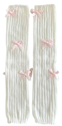 Women Knit Leg Warmers Harajuku Bow Decor Solid Color Long Socks Vintage Grunge Streetwear for Winter (Pink Bow, 60cm)