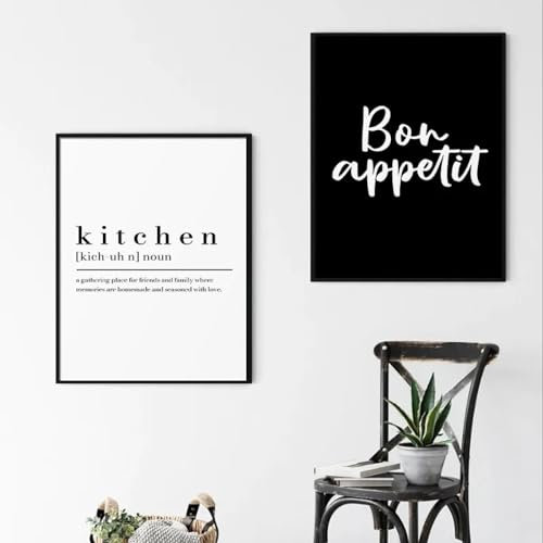 Yangld Leinwandgemälde „Good Food Good Mood Bon Appetit“-Zitate, Schwarz-Weiß, Wandkunst, Poster, Druck, Bilder, Küche, Heimdekoration, 50 x 70 cm x 2, ohne Rahmen