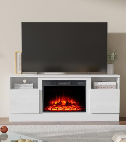 Scorri sopra l'immagine per ingrandirla M.C.Haus Camino elettrico con supporto TV per TV fino a 143,9 cm x 80 cm, intrattenimento in legno con luce a LED, frontale in vetro, 147,3 cm (Bianco, 147.3CM)