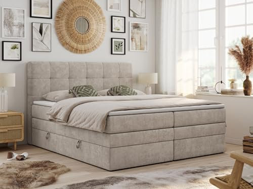 MKS MEBLE King Boxspringbett 160x200 Beige - Polsterbett Mit Bettkasten, Multipocket-Matratze H3, Kopfteil und Topper - Luka H3 Beige Struktur
