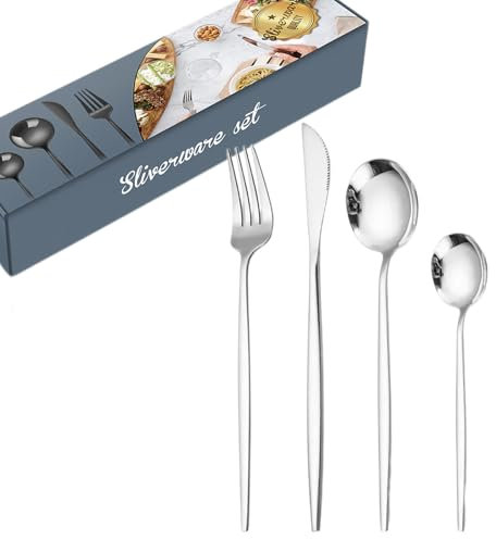 Juego de Cubiertos para 6 Personas,24 Piezas Juego de Cubiertos Acero Inoxidable,Diseño Moderno con Acabado Pulido,Cubiertos con Cuchillo,Tenedor,Cuchara,Apto para Lavavajillas