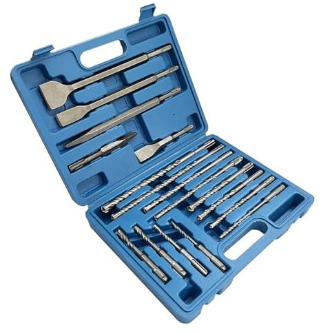CAVATINY 17-tlg Bohrhammer SDS Plus Bohrer und Meißel Set ink. FLIESEBMEIßEL SDS Hammerbohrer für beton ziegel zement stein mit 4 Schneiden und tragbarem Koffer SDS Plus Schaft passend für Bohrhammer