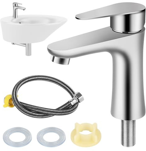 HIULLEN Kaltwasserhahn Gäste WC, Klein Wasserhahn Kaltwasser, Einhebel Wasserhahn Bad, Gäste WC Wasserhahn, Kleine Armatur Gäste WC mit 60cm Anschlussschlauch für Gäste WC Bad Kaltwasserarmatur