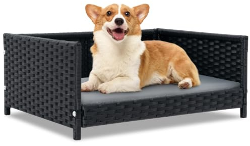 GYMAX Lit pour Chien en Rotin, Panier pour Chien avec Coussin Amovible, Cadre Robuste en Métal, Bord Surélevé, pour Intérieur et Extérieur